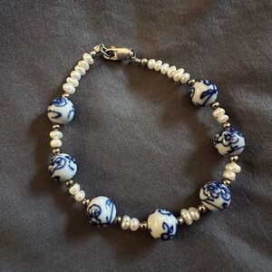 Coastal inspired bracelet with freshwater pearls/hand painted beads/sterling